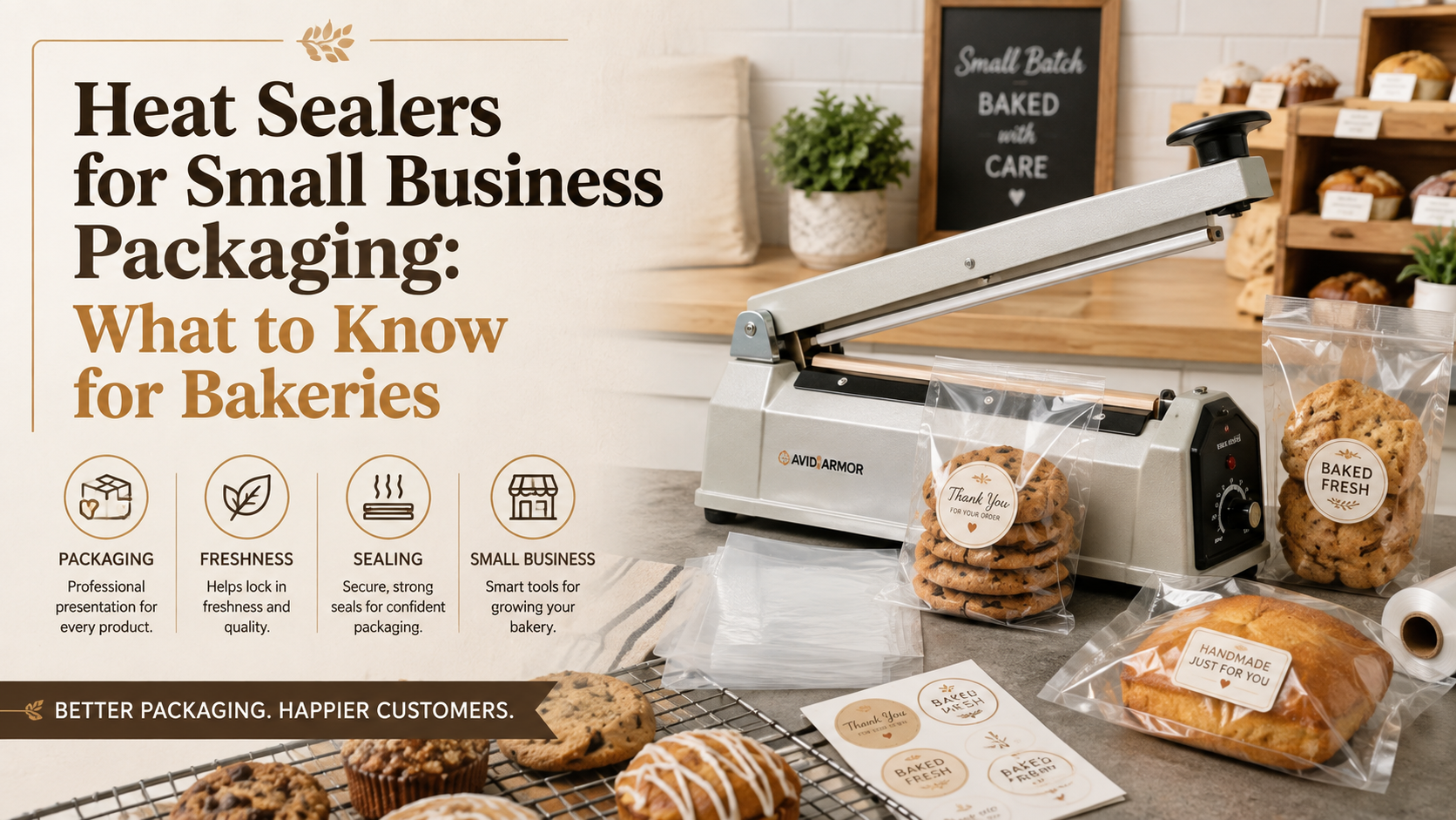 Heat sealer for small bakery packaging with cookies, bread and pastries sealed in clear food-safe bags.