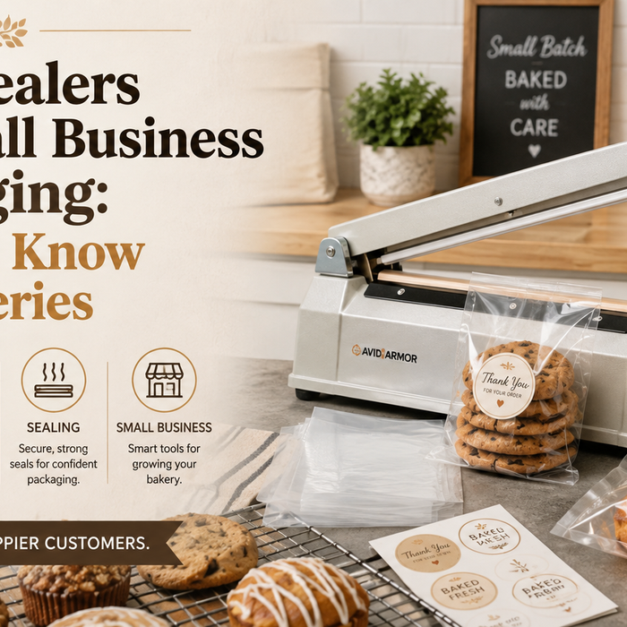 Heat sealer for small bakery packaging with cookies, bread and pastries sealed in clear food-safe bags.