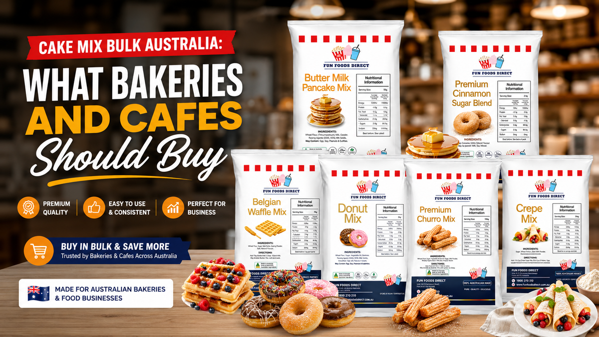 Bulk cake mix products for Australian bakeries and cafes featuring realistic waffles, pancakes, donuts, churros, and crepes with Fun Foods Direct packaging in a professional bakery setting.