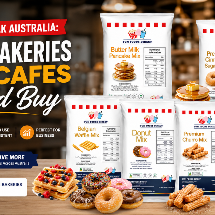 Bulk cake mix products for Australian bakeries and cafes featuring realistic waffles, pancakes, donuts, churros, and crepes with Fun Foods Direct packaging in a professional bakery setting.