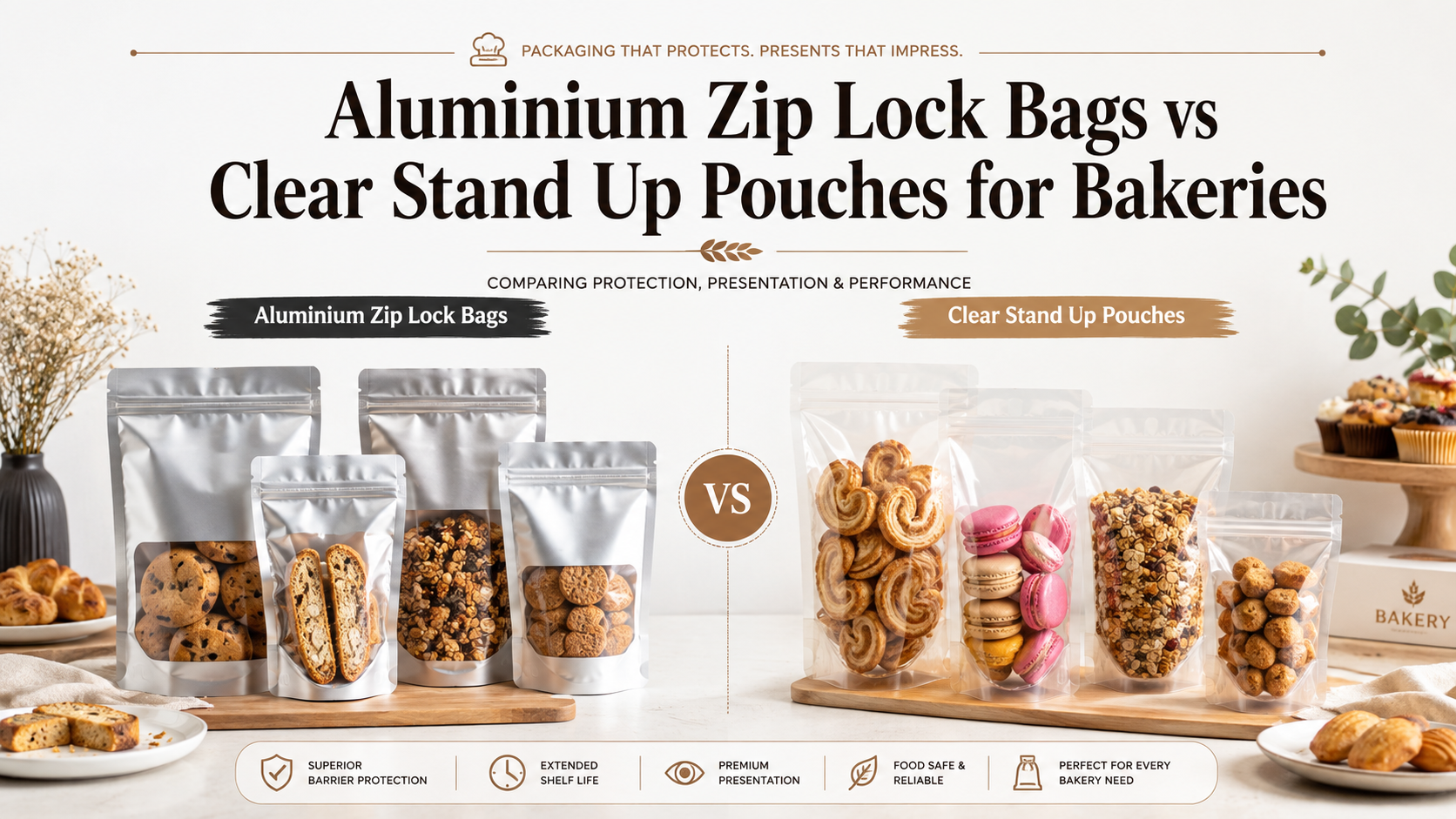 Comparison of aluminium zip lock bags and clear stand up pouches for bakeries, showing different bakery items packed in each style.