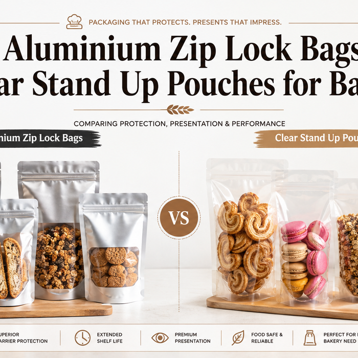 Comparison of aluminium zip lock bags and clear stand up pouches for bakeries, showing different bakery items packed in each style.