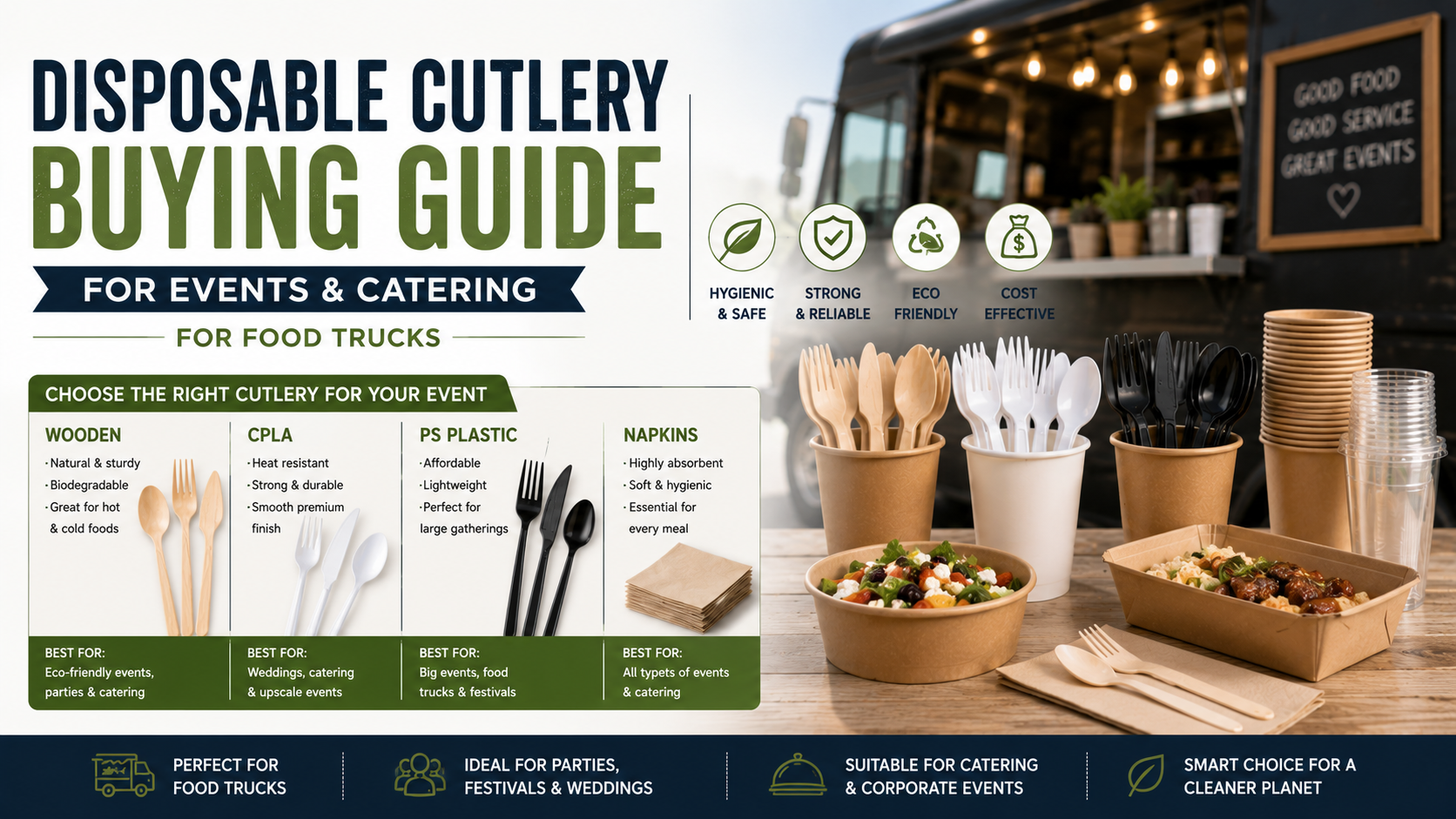 Assorted disposable wooden, compostable, and plastic cutlery displayed with takeaway food containers for food truck catering.
