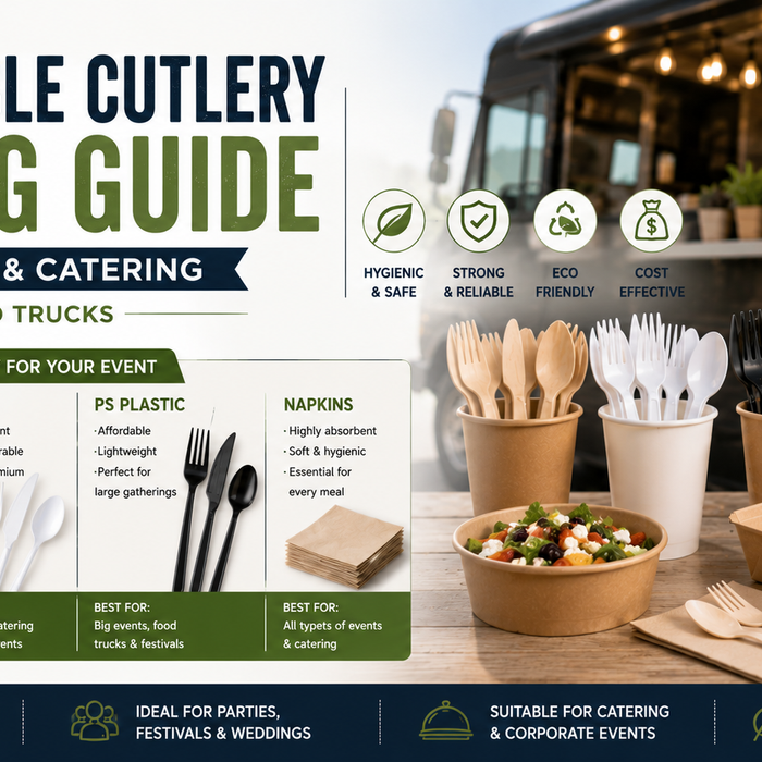 Assorted disposable wooden, compostable, and plastic cutlery displayed with takeaway food containers for food truck catering.