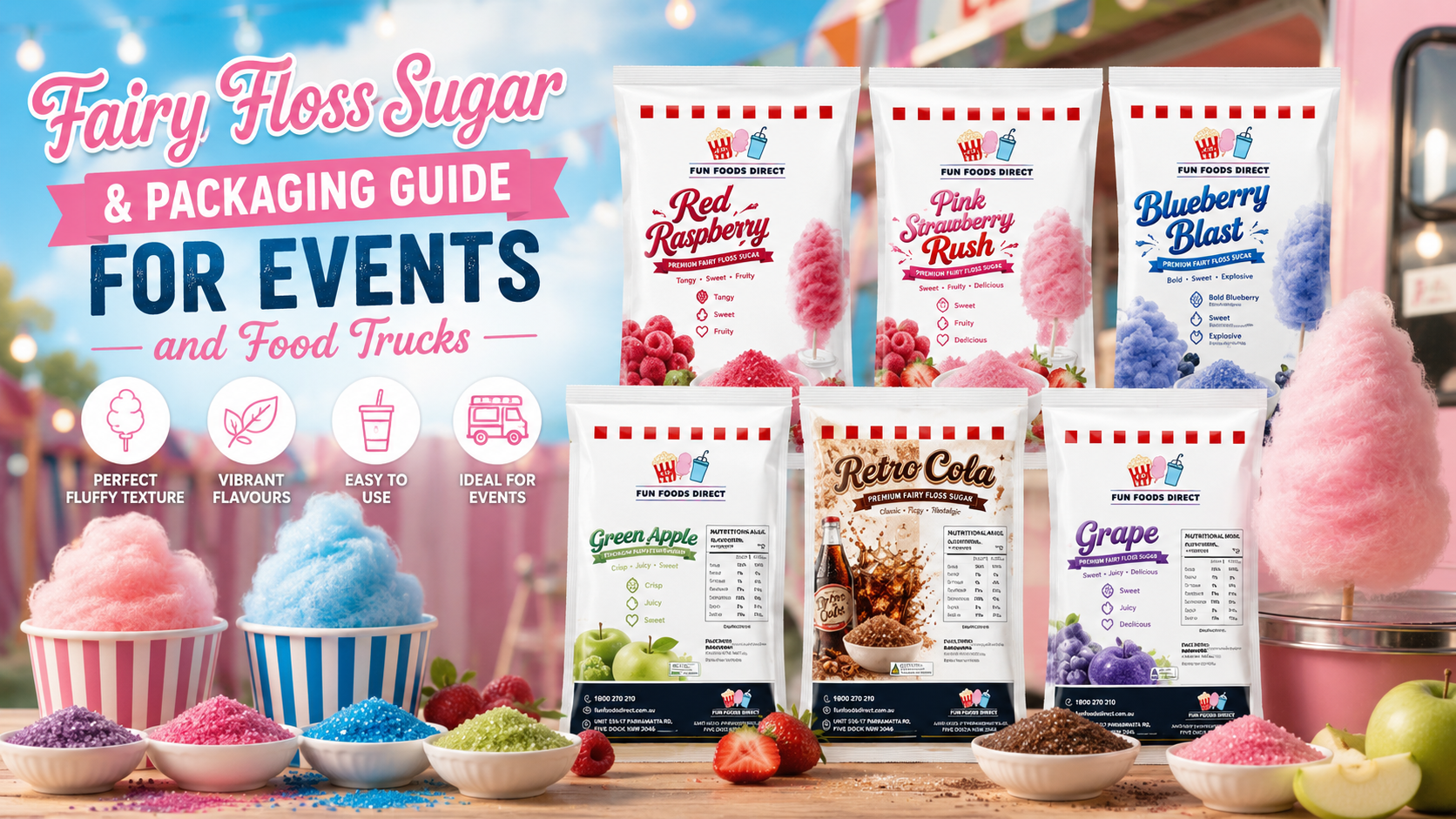 Premium Fairy Floss Sugar range with Red Raspberry, Pink Strawberry Rush, Blueberry Blast, Retro Cola, Grape, and Green Apple flavours for food trucks and events.