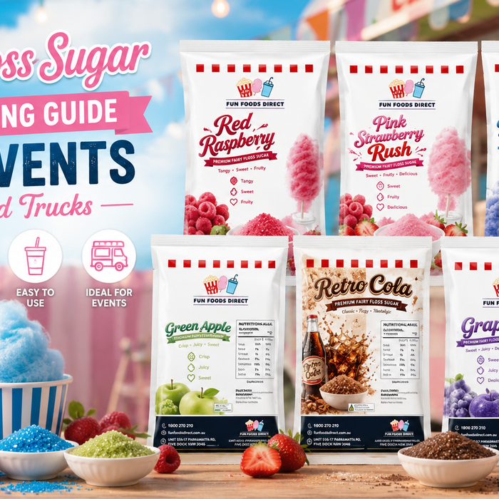Premium Fairy Floss Sugar range with Red Raspberry, Pink Strawberry Rush, Blueberry Blast, Retro Cola, Grape, and Green Apple flavours for food trucks and events.
