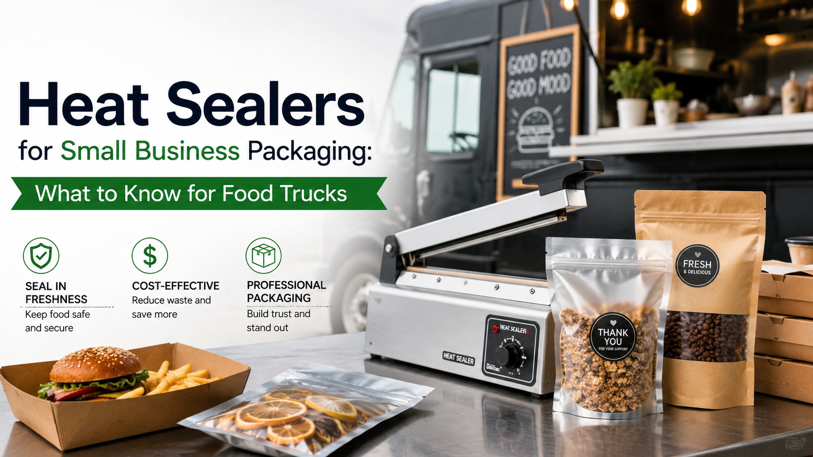 Professional heat sealing equipment sealing food pouches and takeaway packaging.