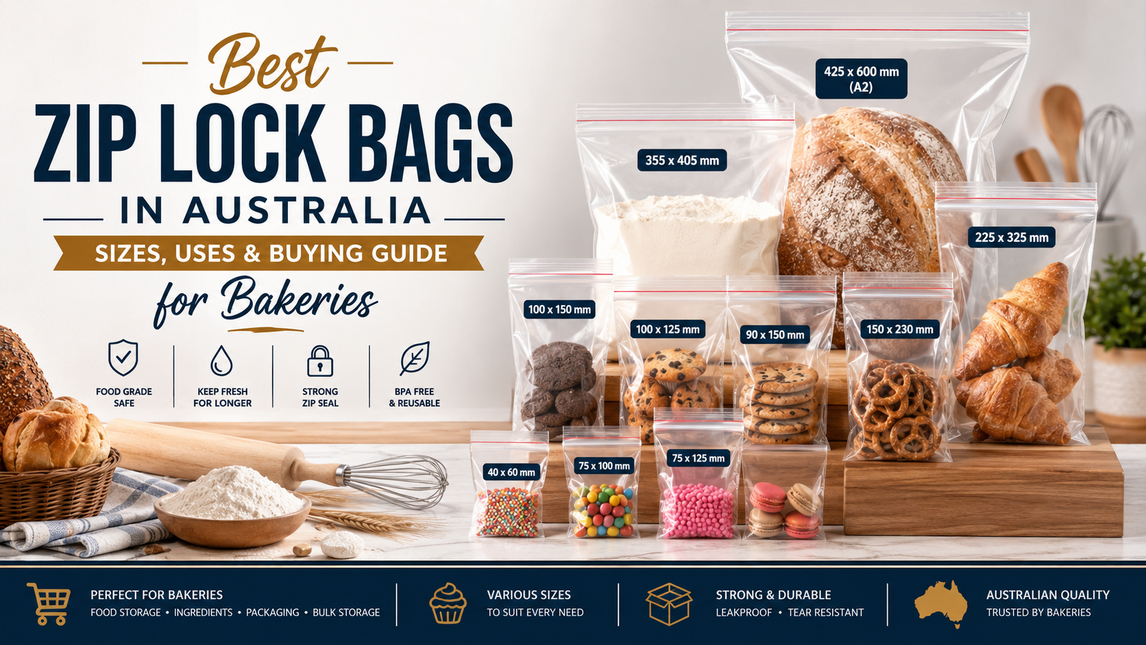 Best zip lock bags in Australia with multiple bag sizes for bakery packaging and food storage.