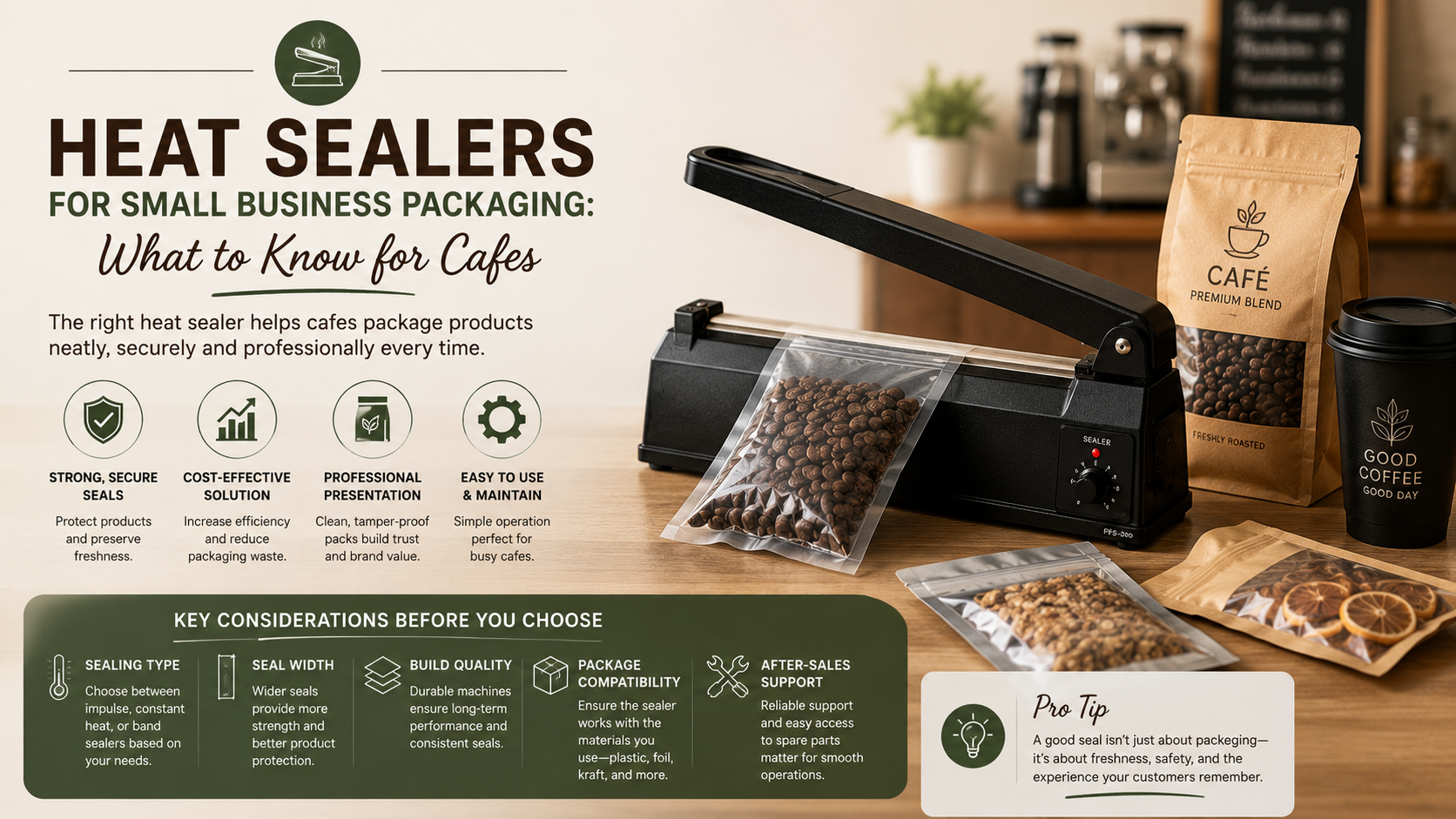 Heat sealer machine sealing coffee bean pouches for professional café packaging.