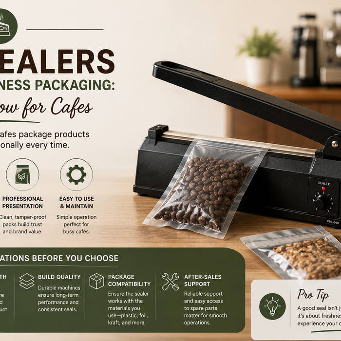 Heat sealer machine sealing coffee bean pouches for professional café packaging.