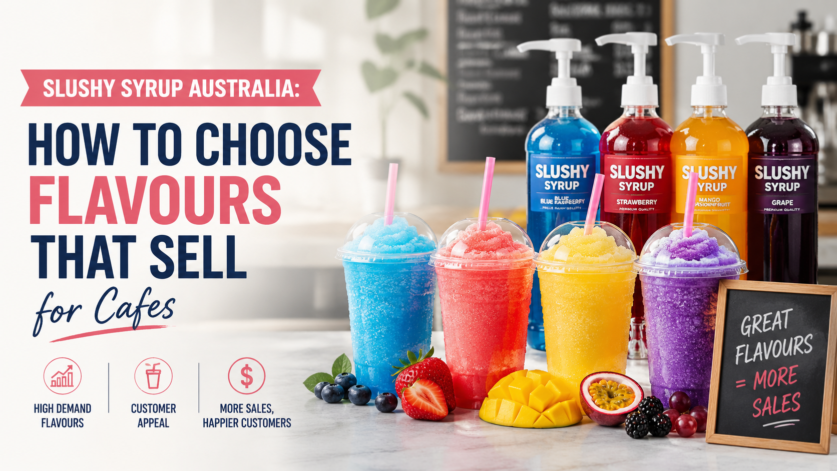 Colourful slushy drinks and premium slushy syrup bottles displayed in a modern Australian cafe, showcasing popular flavours that help cafes increase sales and customer appeal.