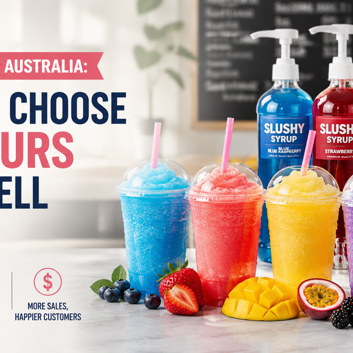 Colourful slushy drinks and premium slushy syrup bottles displayed in a modern Australian cafe, showcasing popular flavours that help cafes increase sales and customer appeal.