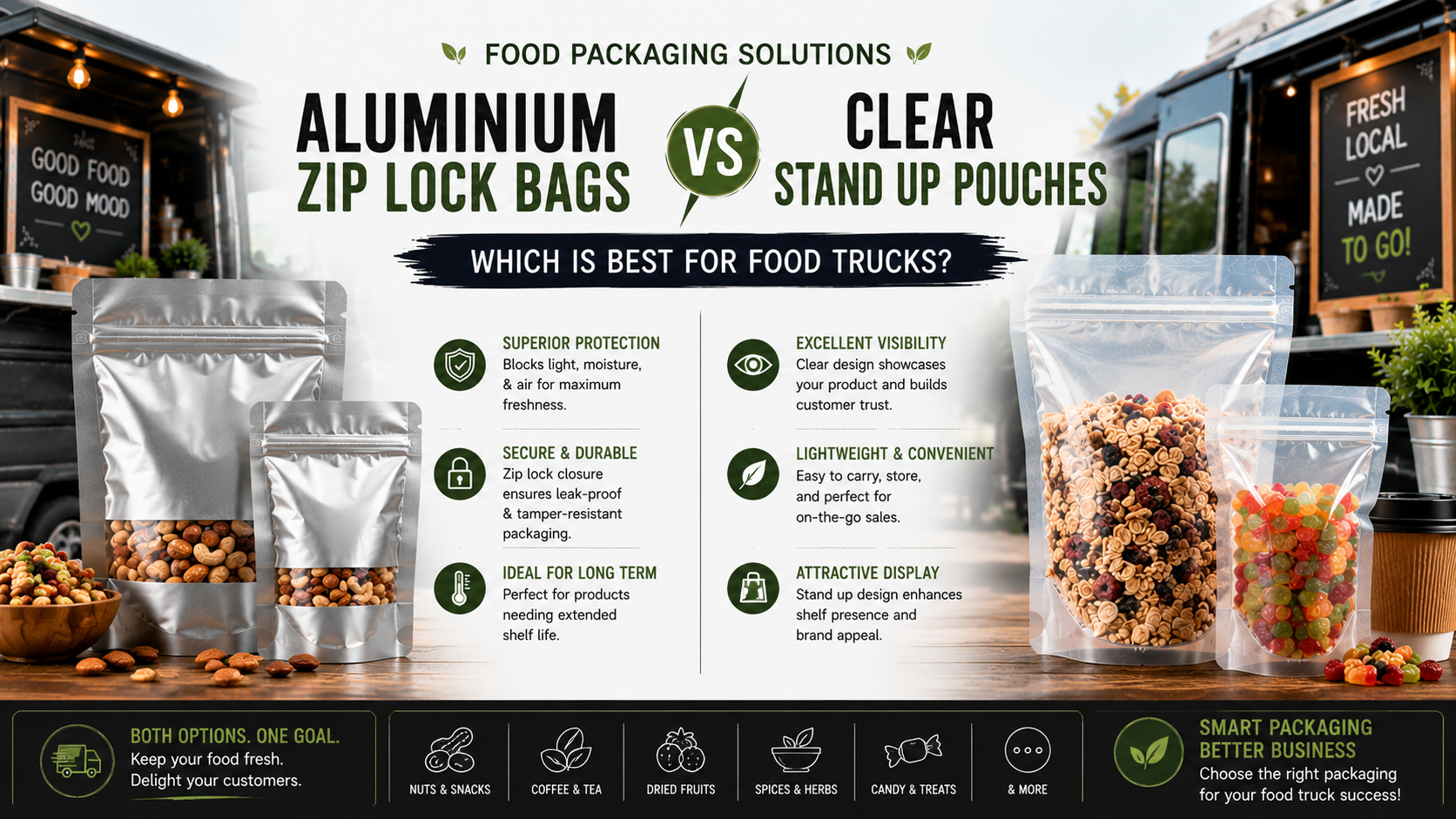 Aluminium Zip Lock Bags vs Clear Stand Up Pouches for Food Trucks