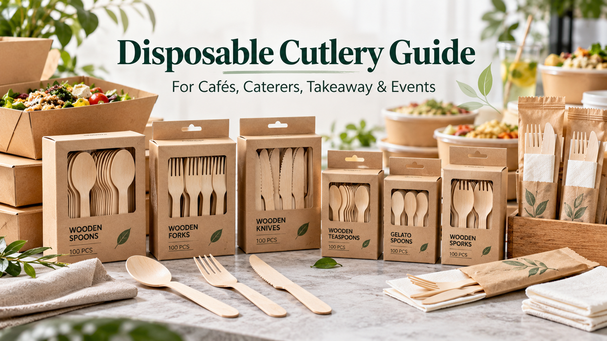 Illustrated wooden cutlery selection guide showing cafe, takeaway, catering and dessert applications