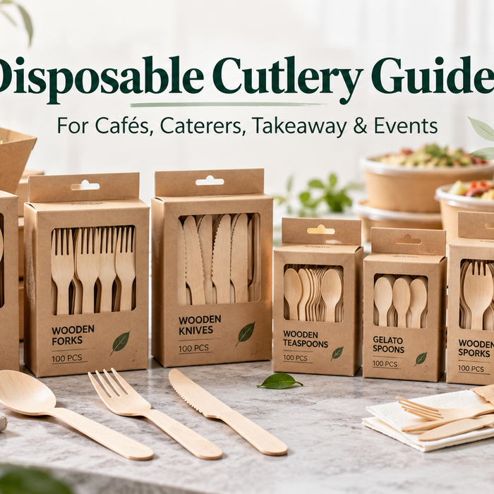 Illustrated wooden cutlery selection guide showing cafe, takeaway, catering and dessert applications
