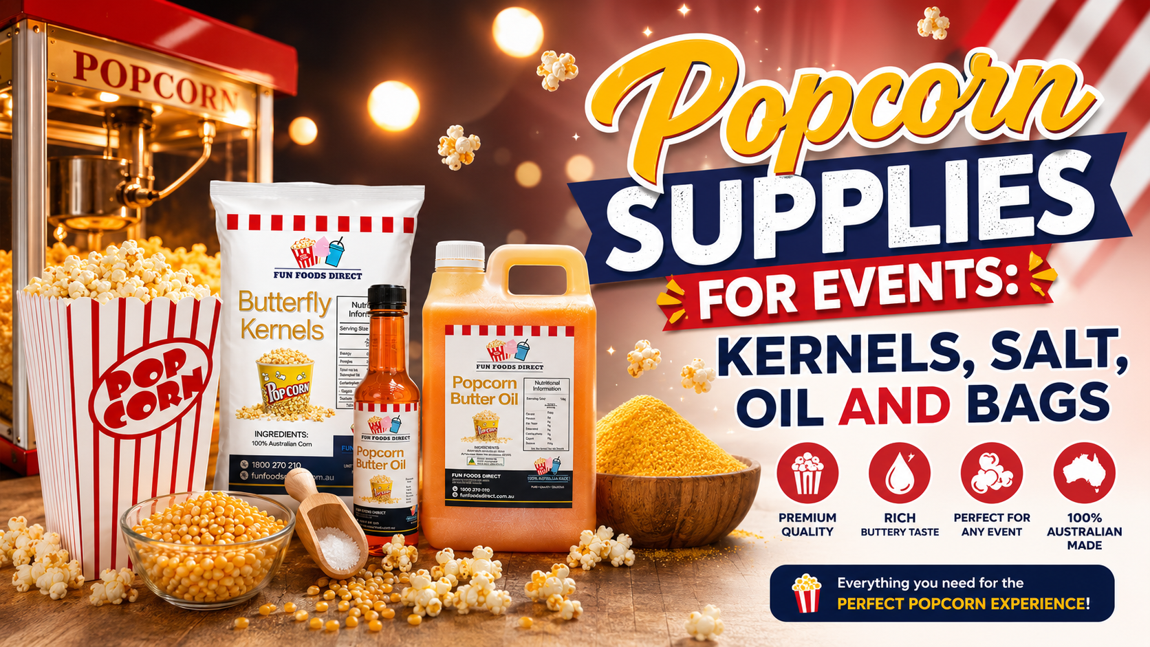 Premium popcorn supplies for events featuring butterfly popcorn kernels, buttery popcorn salt, popcorn butter oil, and popcorn bags with cinema-style popcorn background.
