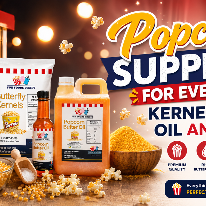 Premium popcorn supplies for events featuring butterfly popcorn kernels, buttery popcorn salt, popcorn butter oil, and popcorn bags with cinema-style popcorn background.
