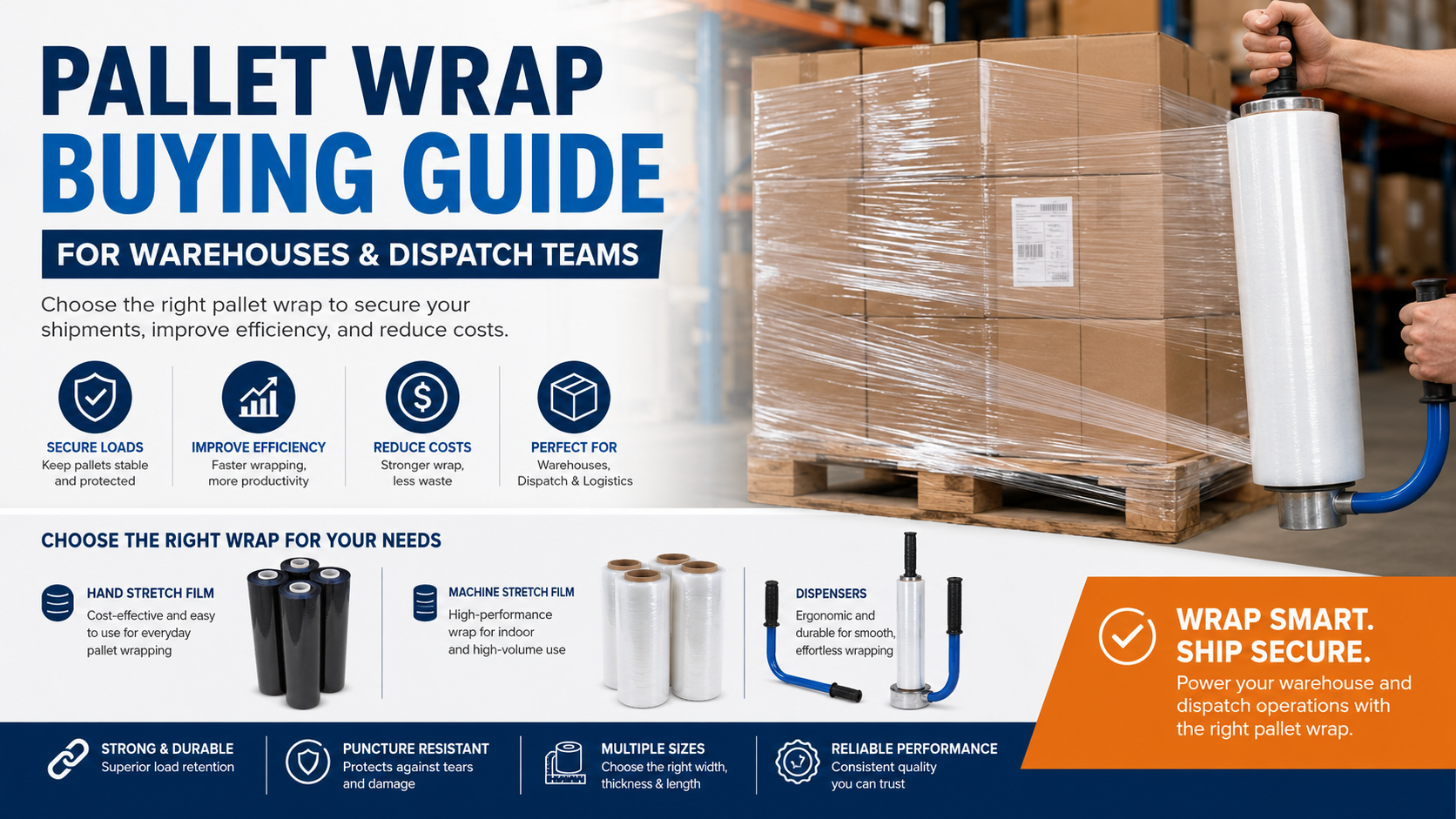 rofessional warehouse worker using pallet wrap dispenser to secure cardboard boxes on pallets – Pallet Wrap Buying Guide for Warehouses and Dispatch Teams