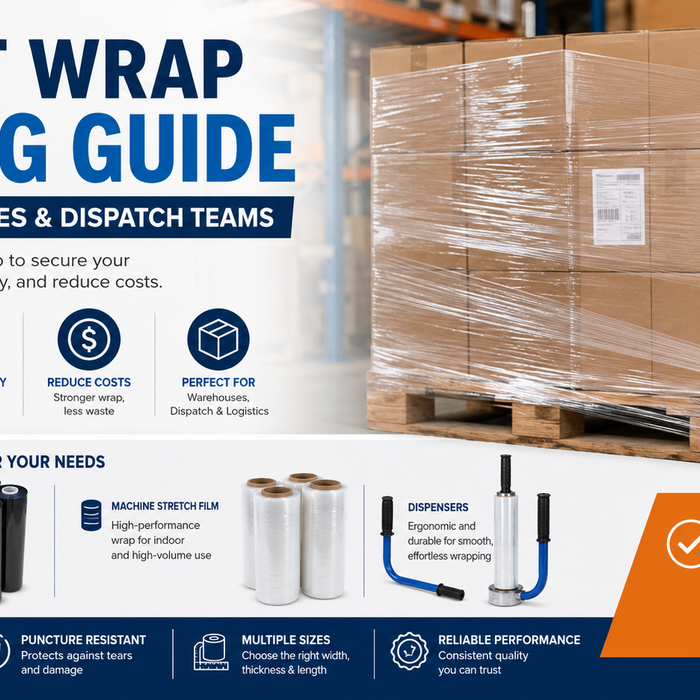 rofessional warehouse worker using pallet wrap dispenser to secure cardboard boxes on pallets – Pallet Wrap Buying Guide for Warehouses and Dispatch Teams