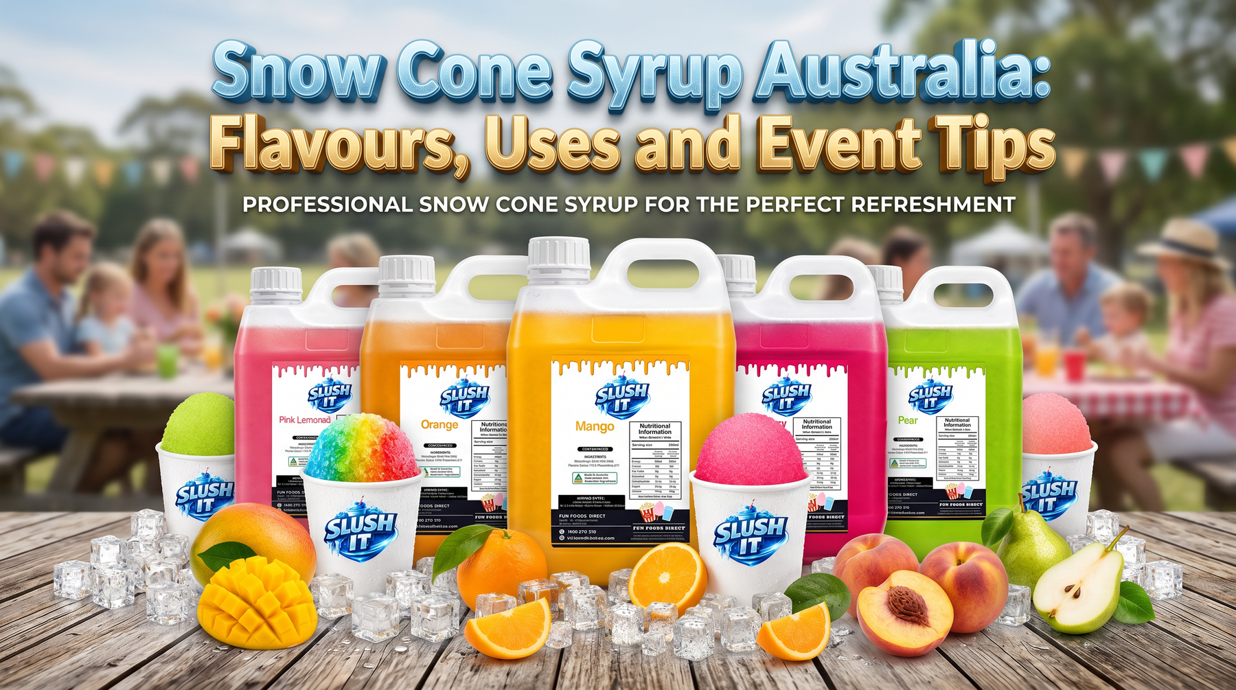 Colourful snow cone syrup flavours displayed with shaved ice treats