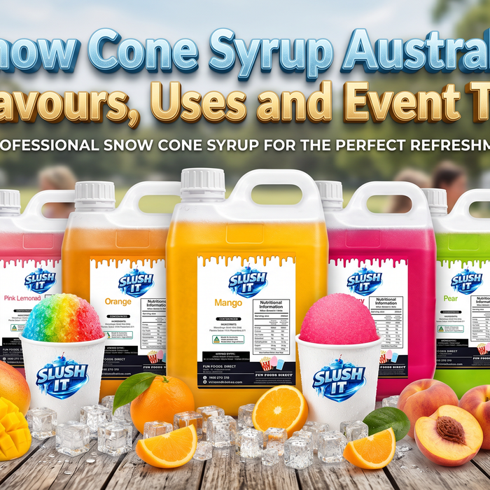 Colourful snow cone syrup flavours displayed with shaved ice treats