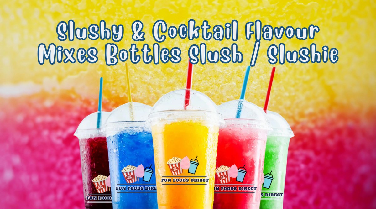 Colourful frozen drinks in cups promoting Slushie Syrups Australia slushy and cocktail flavour mixes bottles