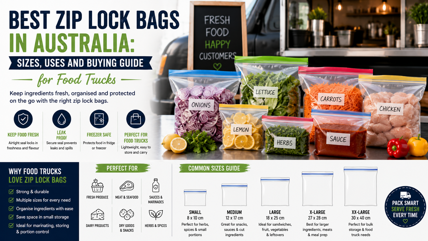 Food truck ingredient storage using zip lock bags of various sizes containing fresh produce, sauces, herbs, and prepared ingredients for efficient food preparation and organisation.