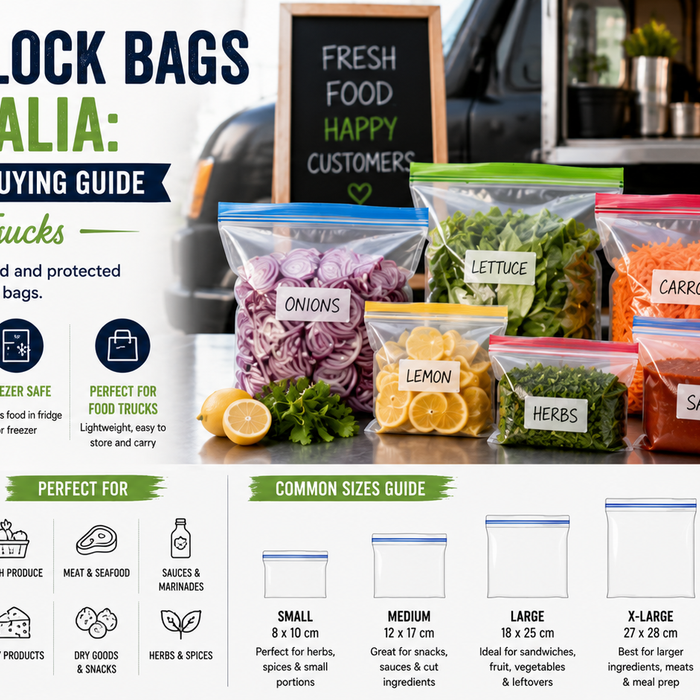 Food truck ingredient storage using zip lock bags of various sizes containing fresh produce, sauces, herbs, and prepared ingredients for efficient food preparation and organisation.