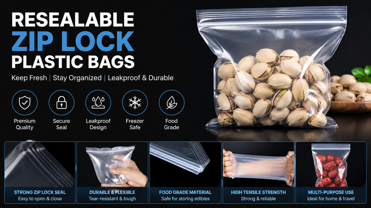 Resealable Zip Lock Plastic Bags Clear – Premium Food Grade Leakproof Storage Bags with Strong Seal for Kitchen, Home & Commercial Use