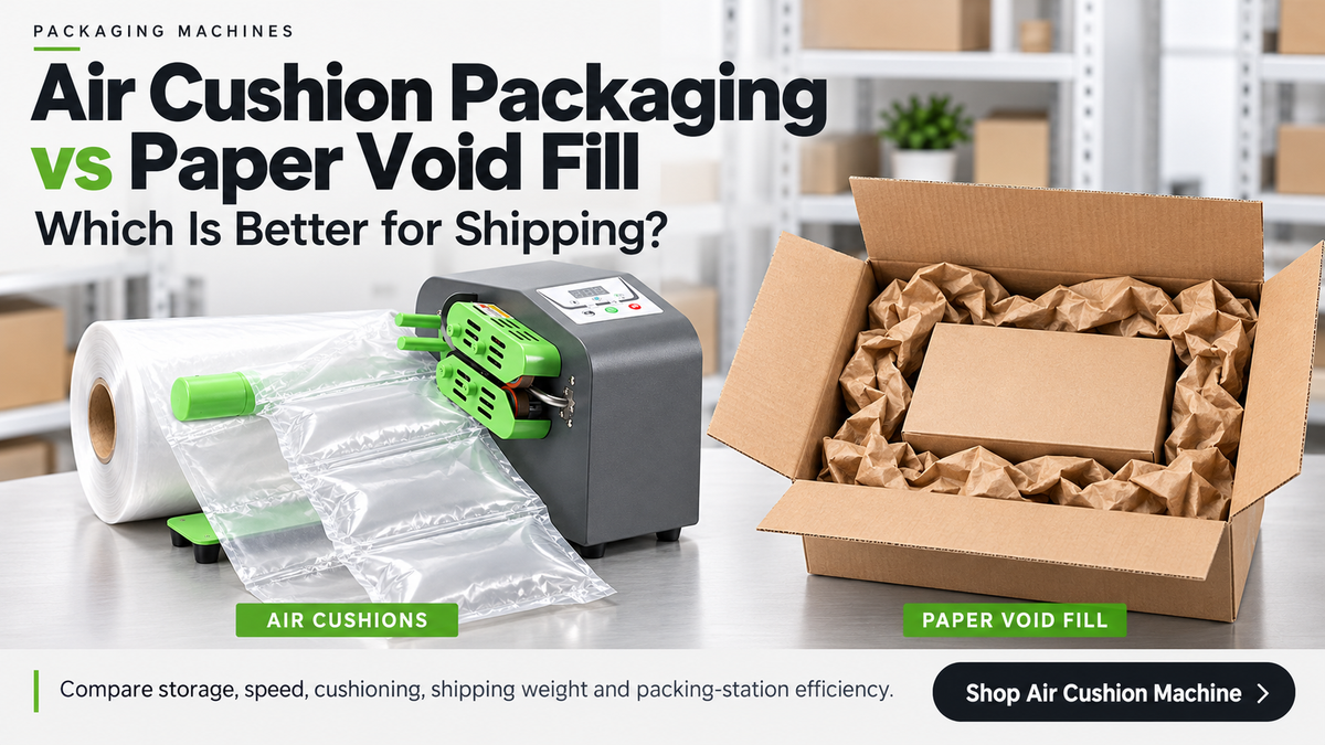 Grey and green air cushion machine producing clear rectangular air pillows from a film roll.