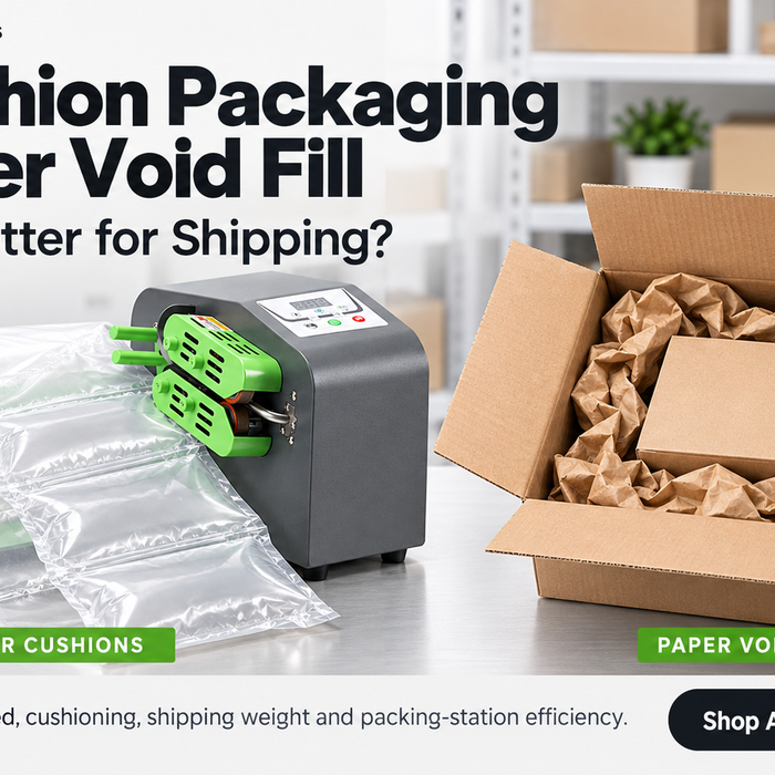 Grey and green air cushion machine producing clear rectangular air pillows from a film roll.