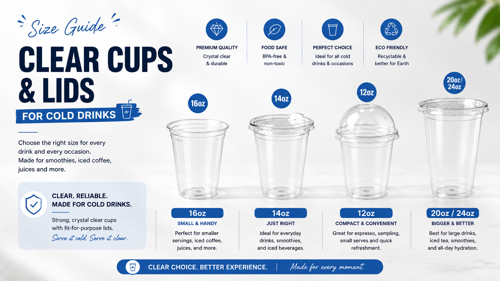 Professional clear plastic cups and lids for cold beverages displayed in multiple sizes including 12oz, 14oz, 16oz, 20oz, and 24oz for cafes, restaurants, smoothies, iced coffee, and takeaway drinks.