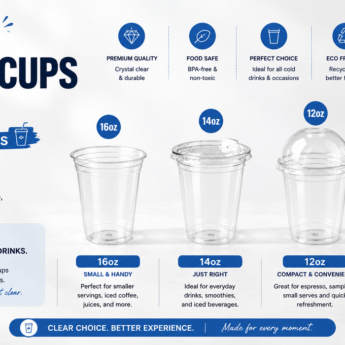 Professional clear plastic cups and lids for cold beverages displayed in multiple sizes including 12oz, 14oz, 16oz, 20oz, and 24oz for cafes, restaurants, smoothies, iced coffee, and takeaway drinks.