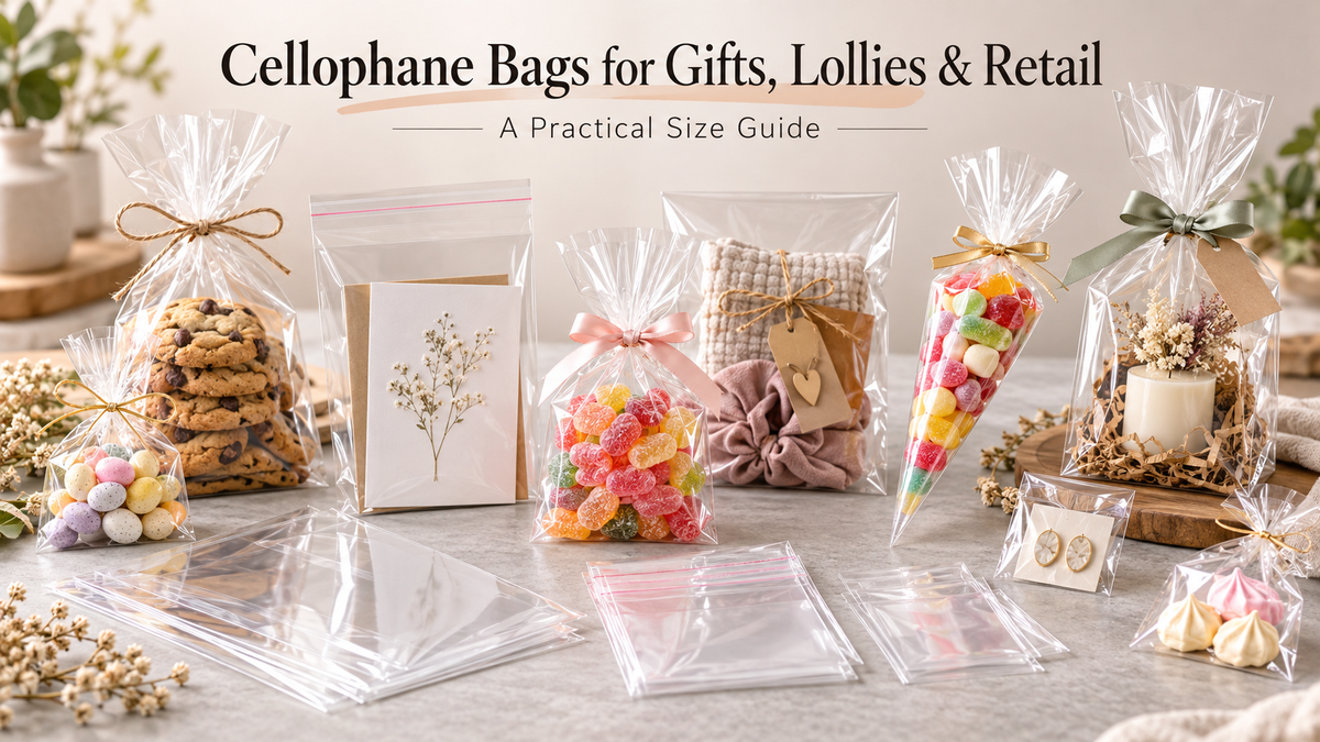 Find the right cellophane bags for gifts, lollies and retail. Compare self-sealing, flat and cone bags with practical sizes and packaging tips.