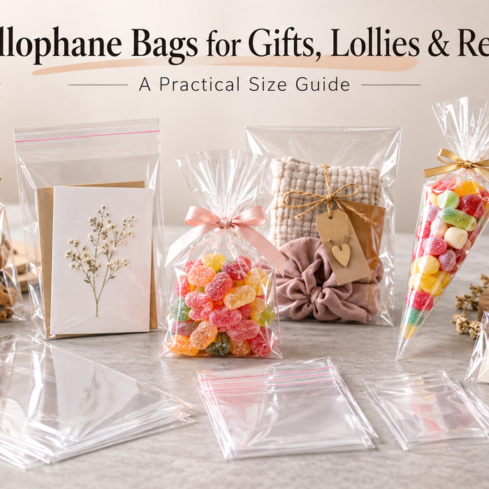 Find the right cellophane bags for gifts, lollies and retail. Compare self-sealing, flat and cone bags with practical sizes and packaging tips.
