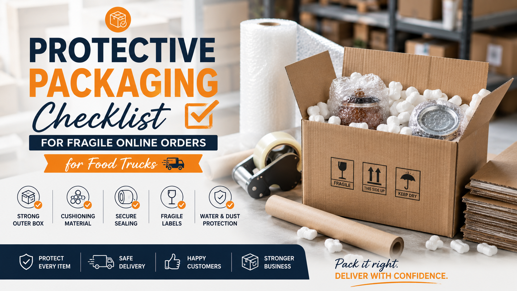 Protective packaging materials including bubble wrap, packing box, cushioning, and fragile labels for safe food truck online orders.
