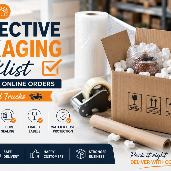 Protective packaging materials including bubble wrap, packing box, cushioning, and fragile labels for safe food truck online orders.