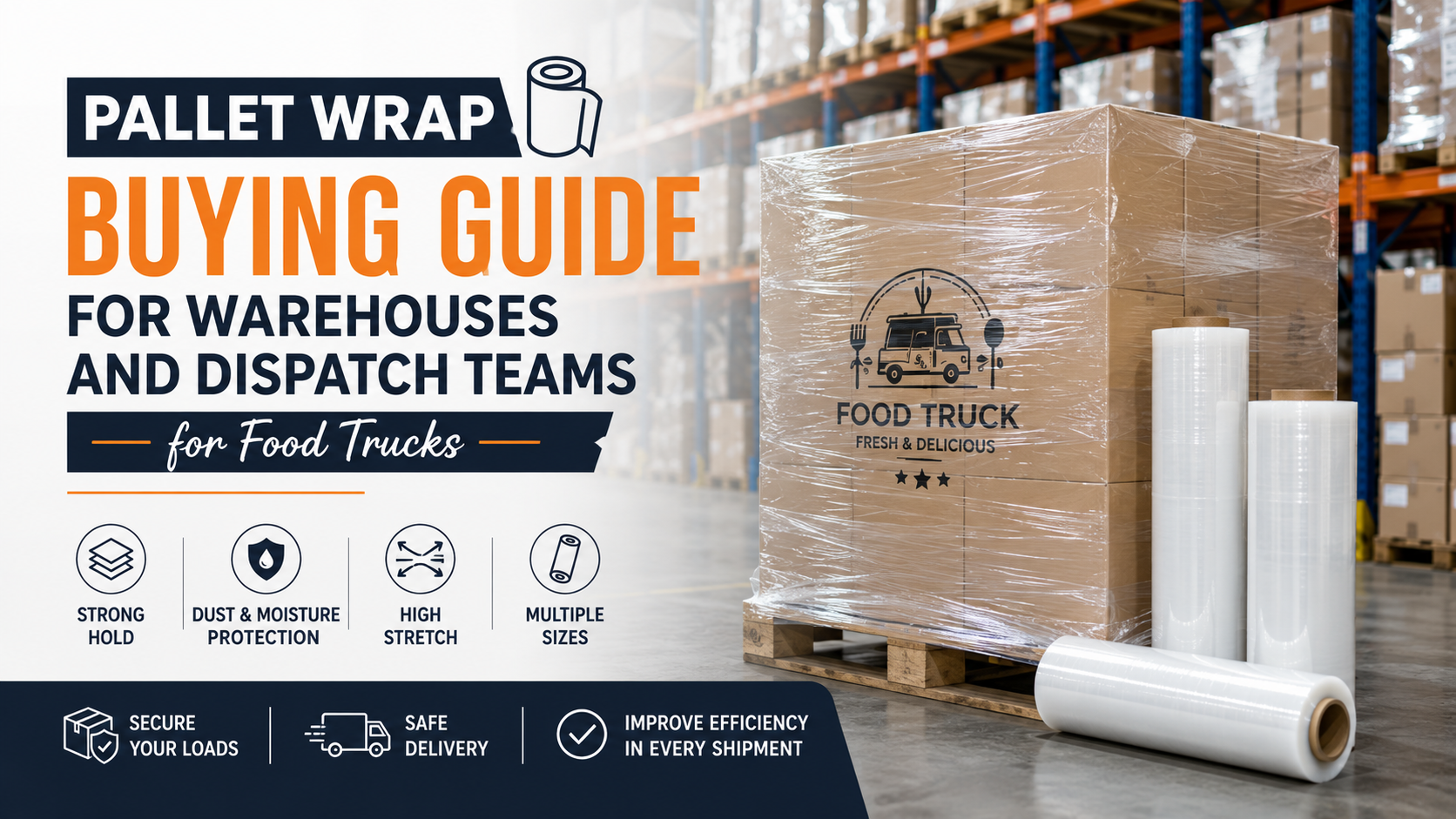 Pallet wrap rolls and securely wrapped pallets in a warehouse for food truck packaging and dispatch operations.