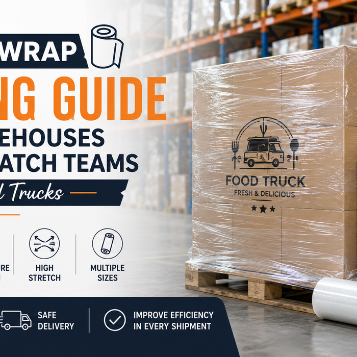 Pallet wrap rolls and securely wrapped pallets in a warehouse for food truck packaging and dispatch operations.