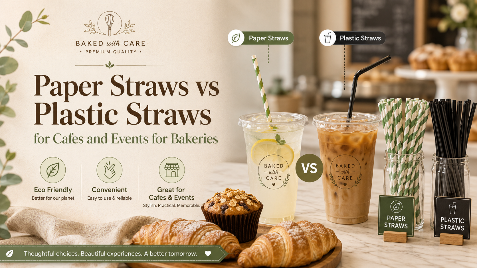 Paper straws and plastic straws shown with bakery cold drinks, highlighting sustainable and dependable options for cafes, events and takeaway orders.