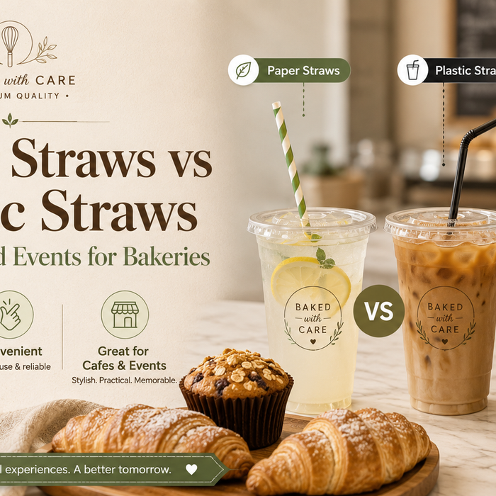 Paper straws and plastic straws shown with bakery cold drinks, highlighting sustainable and dependable options for cafes, events and takeaway orders.
