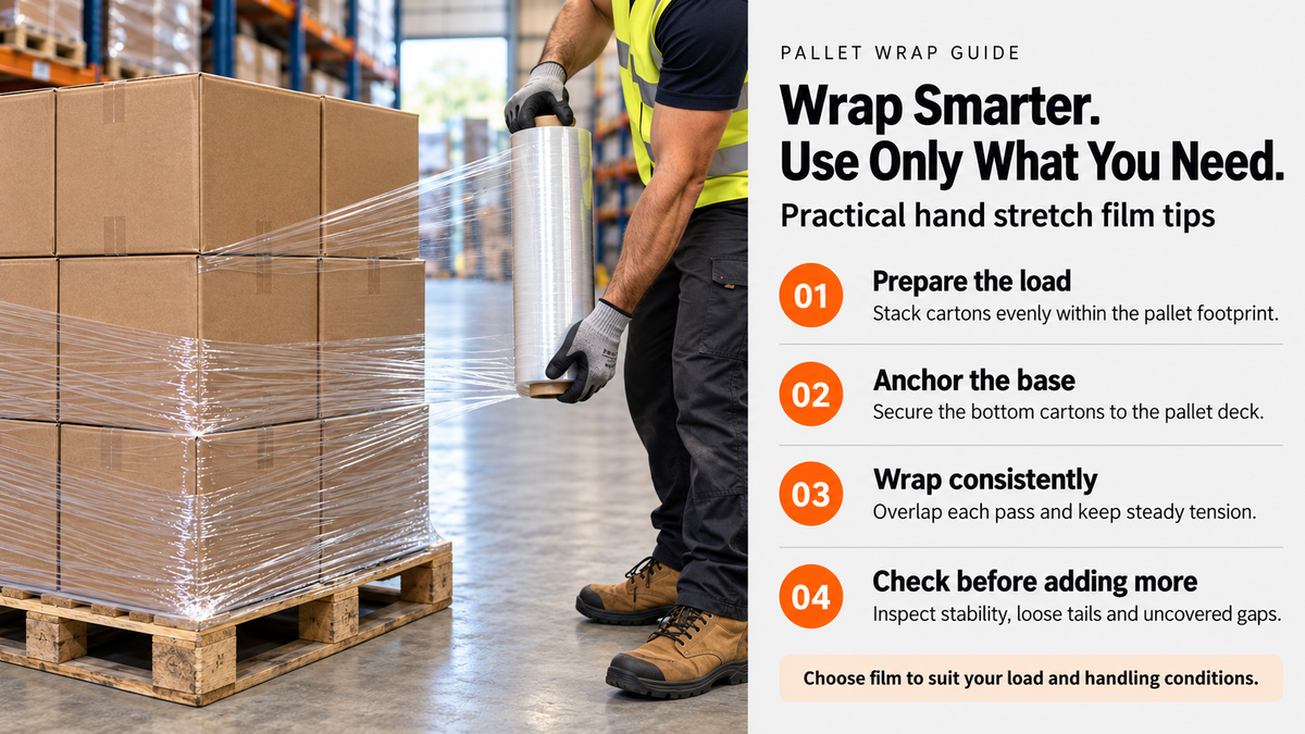 Worker applying clear hand stretch film to palletised cartons beside four practical pallet-wrapping tips.