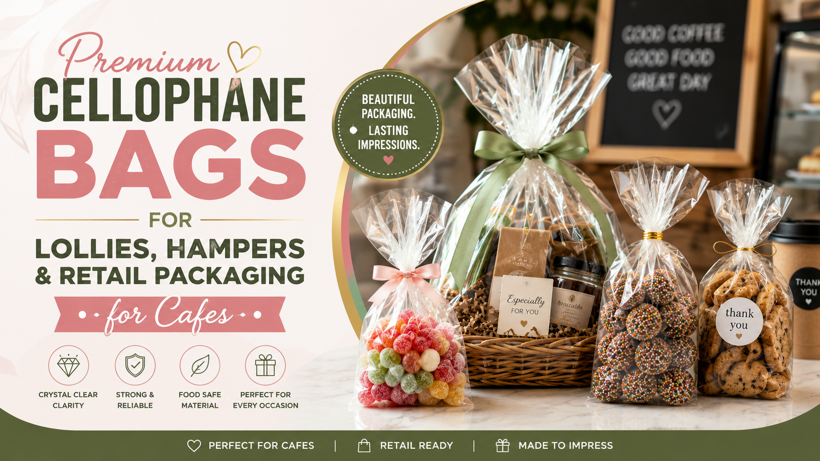 Clear cellophane bags used for lolly packaging, gift hampers, and cafe retail displays.