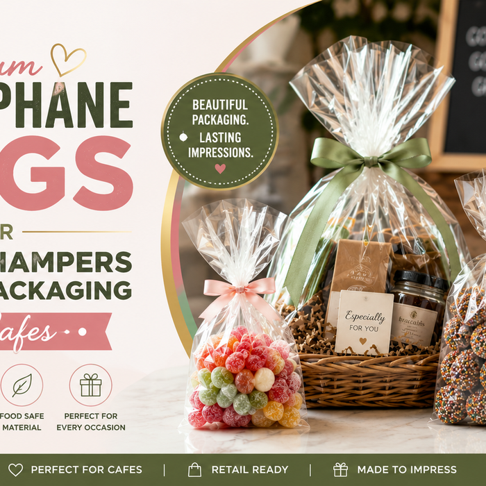 Clear cellophane bags used for lolly packaging, gift hampers, and cafe retail displays.