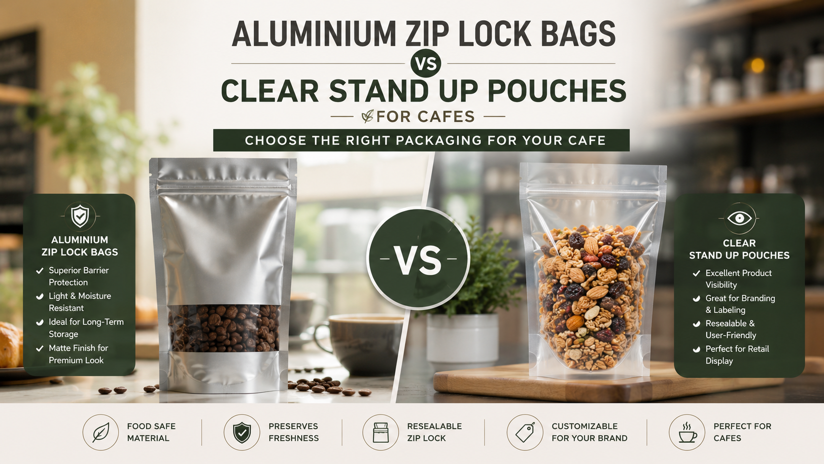 Professional comparison of aluminium zip lock bags and clear stand up pouches used for cafe packaging, coffee, snacks, and retail food products.