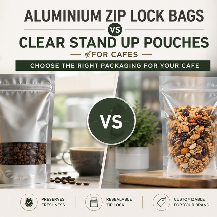 Professional comparison of aluminium zip lock bags and clear stand up pouches used for cafe packaging, coffee, snacks, and retail food products.