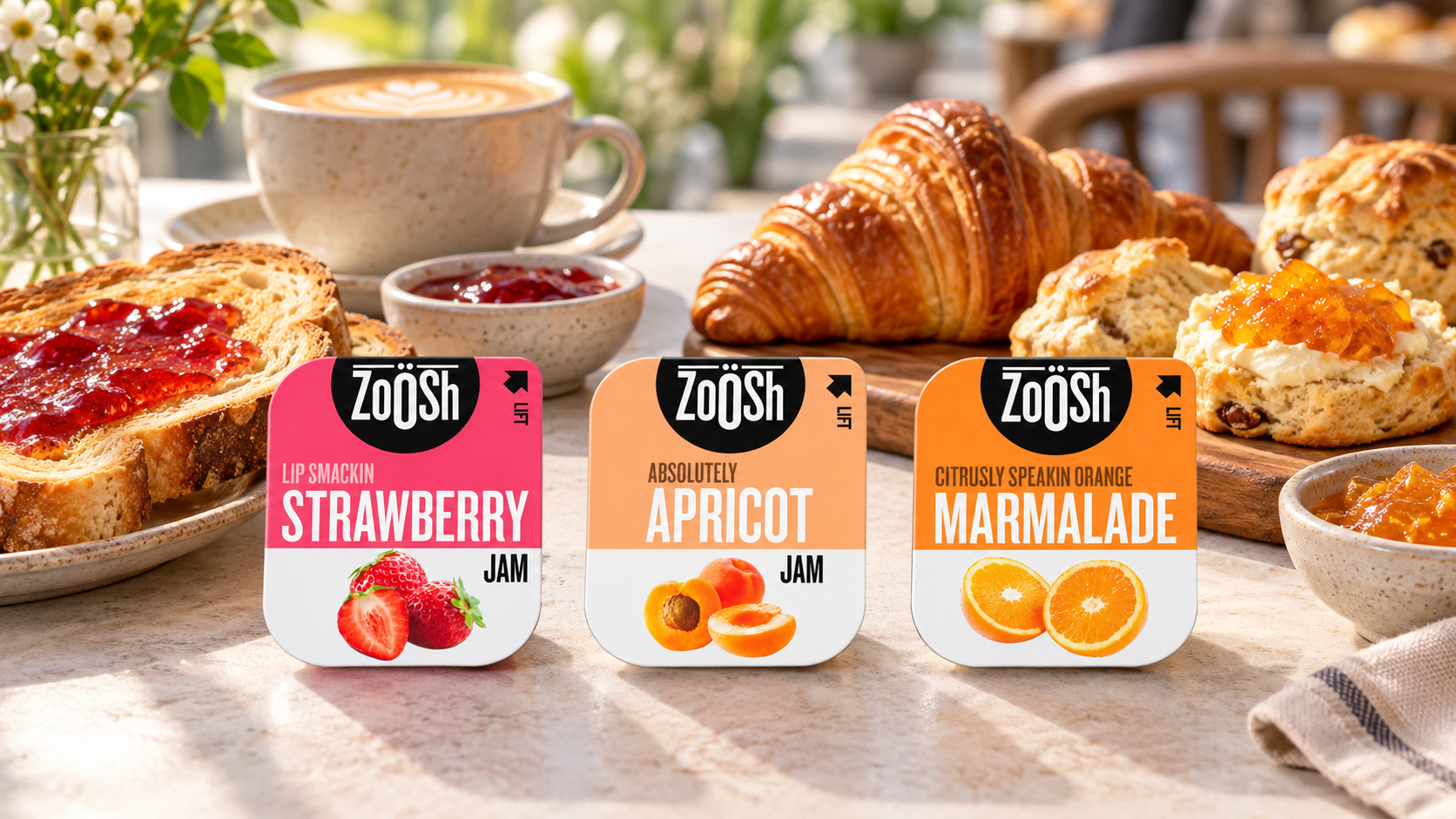 Zoosh strawberry, apricot and marmalade jam portions for café breakfast service