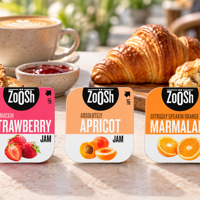 Zoosh strawberry, apricot and marmalade jam portions for café breakfast service