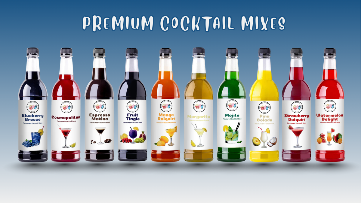 Premium Cocktail Mix Australia bottles lineup showing assorted fruity cocktail mix flavours ready to add your favourite alcohol