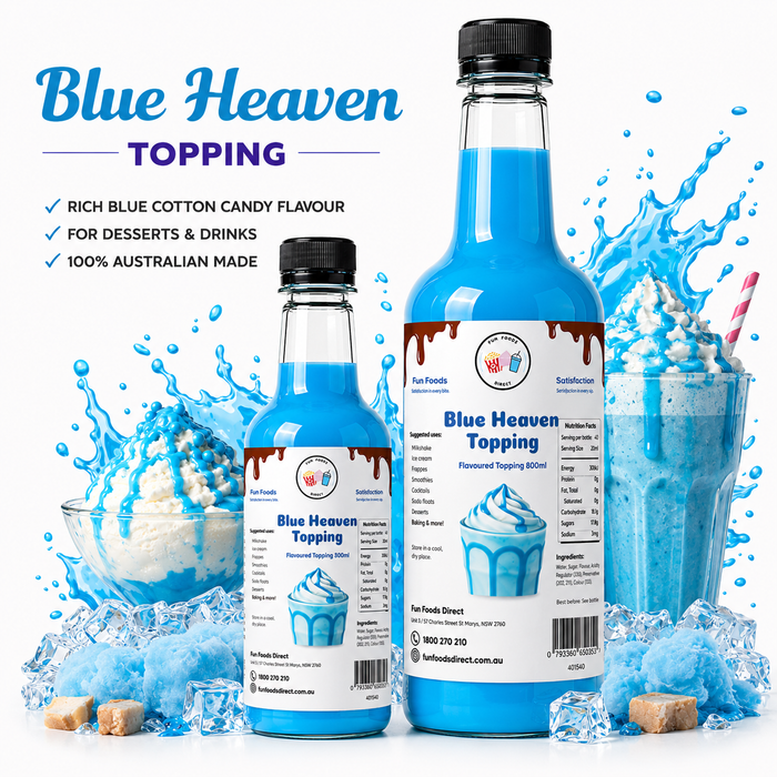 Blue Heaven dessert topping bottles with cotton candy flavor for desserts and drinks, ready to use for any occasion.